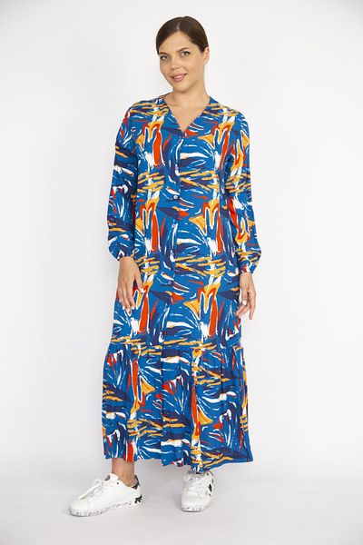 Şans Women's Saks Plus Size Woven Viscose Fabric Front Buttoned Skirt Tip Layered Long Sleeve Dress 65n36471