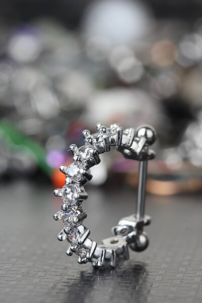 depozoom 316L Cerrahi Çelik Bar Zirkon Taşlı Rhodium Kaplama Orbital Halka Pi...