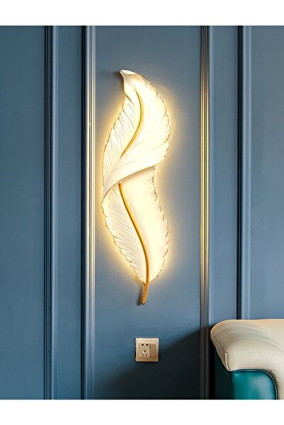 CajuArt Büyük Boy Dekoratif Tüy Şekilli Pilli Işıklı Duvar Dekoru Modern Aplik