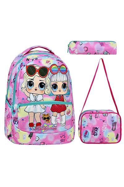 Çantaland 3-Piece Primary School Colorful Patterned School Bag for Girls with Lunch Boxes and Pen Holder