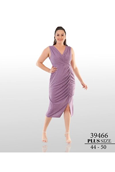 sarebutik Lila Simli Esnek Kumaş Kolsuz Midi Boy Büyük Beden Elbise Abiye