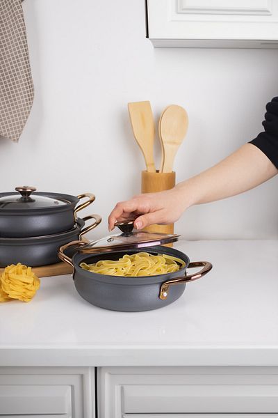OMS 3724 Bakraç Stew and Sauce Set - Fireproof Non-Stick 3-Piece Sauce Set Anthracite