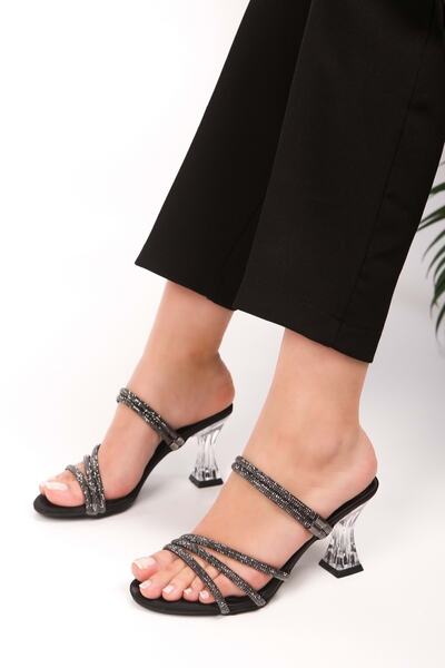 Shoeberry Papuci și pantofi cu toc din satin negru Yeda de damă