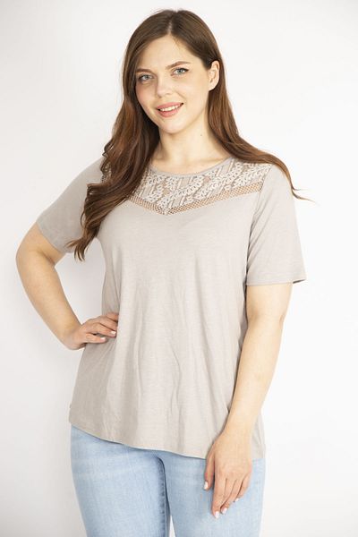 Şans Women's Mink Plus Size Collar Lace Detailed Short Sleeve Blouse 65n36440