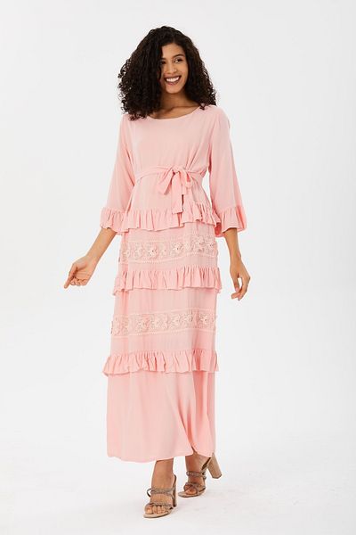 Kadınle Lace Ribbon Short Ruffle Dress