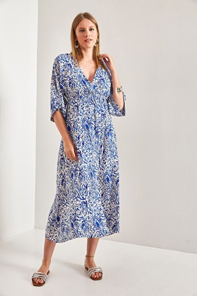 Bianco Lucci Kadın Multi Desenli Kruvaze Yaka Kloş Elbise