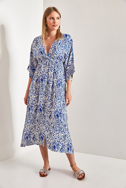 Bianco Lucci Kadın Multi Desenli Kruvaze Yaka Kloş Elbise