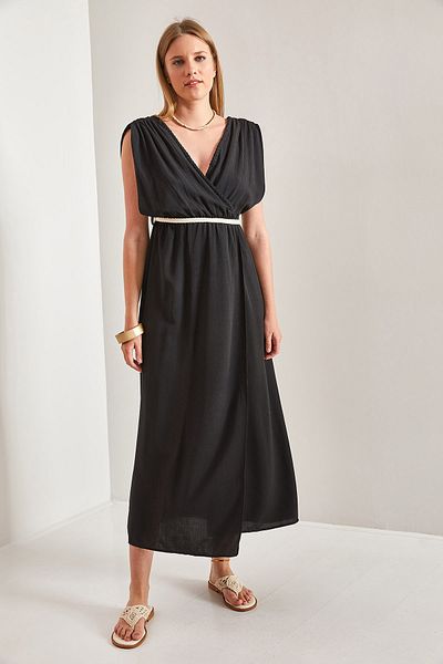 Bianco Lucci Women's Strappy Waist Straw Rope Tied Dress