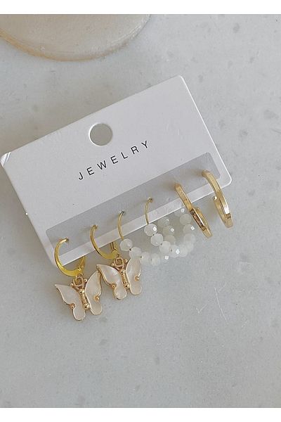 takıtarzım Butterfly mother-of-pearl cream earrings set of 3