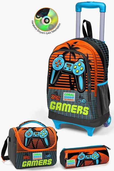 Coral High Kids Gray Orange Gamer Patterned 3-Piece Bag Set with Squeegee SET0123946