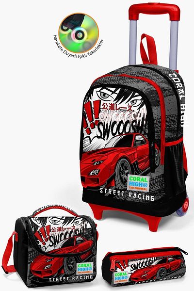 Coral High Kids Black Red Anime Car Patterned Rickshaw 3-Piece Bag Set SET0123947