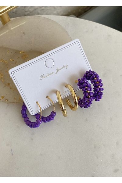 takıtarzım Set of 3 earrings with purple sand beads