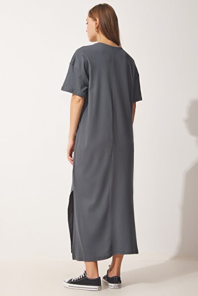 Happiness İstanbul Dámské letní denní bavlněné šaty z antracitové bavlny UB00080