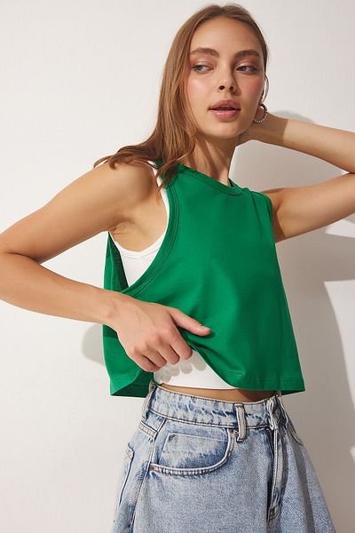 Happiness İstanbul Dámské tmavě zelené bavlněné tričko Crop Collar Crop UB00097
