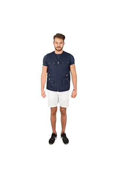 Derin Mavi Multi-Pocket Men's Cotton-Linen Hunting Vest