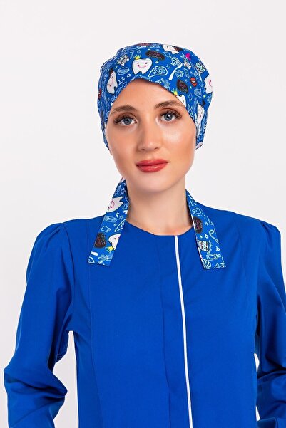 Nur Medikal Giyim Lacivert Diş Desenli Tesettür Hemşire Bonesi Doktor Cerrahi...