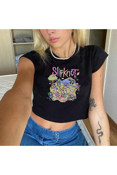 Touz Rock Series Slipknot Printed Black Crop - ζολιδένιο