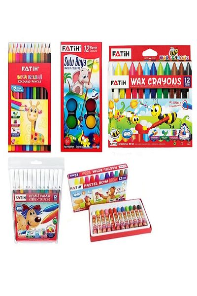 Fatih 12 Liters Dry Color - Water Color - Jumbo Crayon - Crayon - Felt Tip Pen 60 Pieces in Total