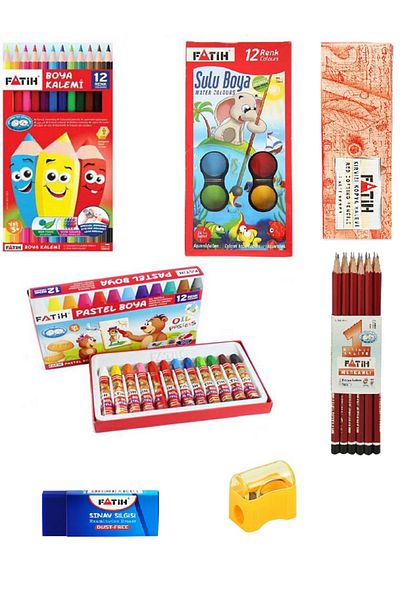 Fatih 12 Pieces of Dry Paint - Water Color - Pastel Paint - Pencil - Red Pencil Total 62 Pieces