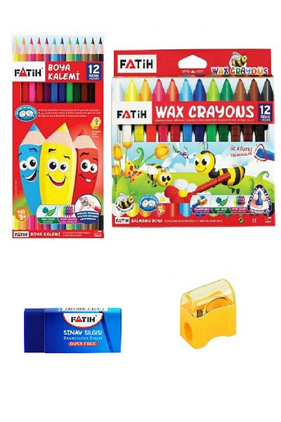Fatih 12 Pieces of Dry Paint - 12 Pieces of Jumbo Crayon - 1 Eraser - 1 Pencil Sharpener Total 26 Pieces
