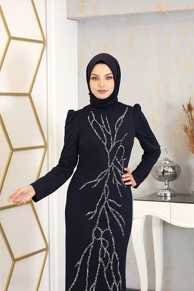 PİENNAR Απλικέ Κεντημένο Μολύβι Tuana Hijab Φόρεμα Navy Blue