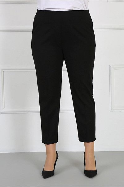 By Alba Collection Women's Black Full Elastic Waist Lycra Scuba Crepe Narrow Leg Large Size Trousers