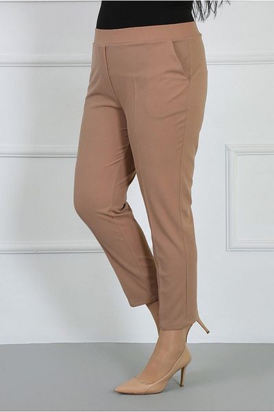 By Alba Collection Women's Tan Full Elastic Waist Lycra Scuba Crepe Narrow Leg Large Size Trousers