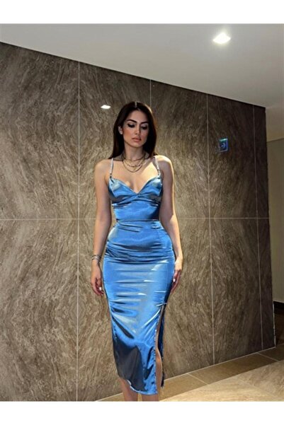 Mekafashion Melisa Aksesuar Askı Dekolte Yırtmaçlı Elbise 7845 İndigo
