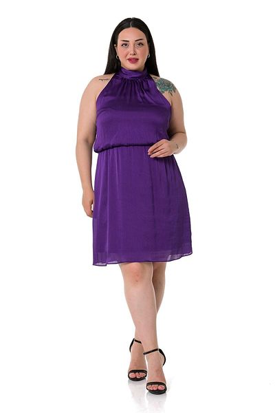 DISENTIS MODEST Μίνι Σατέν Μωβ Φόρεμα Halter Neck Ελαστική μέση