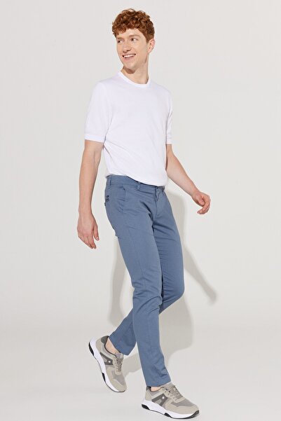 ALTINYILDIZ CLASSICS Men's Blue Slim Fit Slim-Fit Cotton Flexible Comfortable Dobby Trousers
