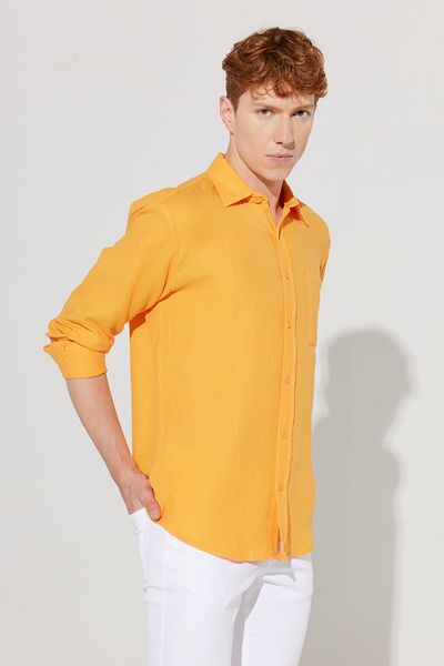 AC&Co / Altınyıldız Classics Men's Orange Comfort Fit Wide Cut Classic Collar 100% Cotton Muslin Shirt