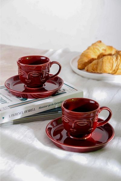 HOMENIVA Modern Burgundy Cup Set 4 Pieces - 2-Person Cup Set
