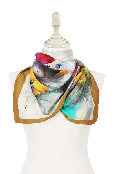 Bursa İpek Oil Green Poppy Pattern Silky Scarf