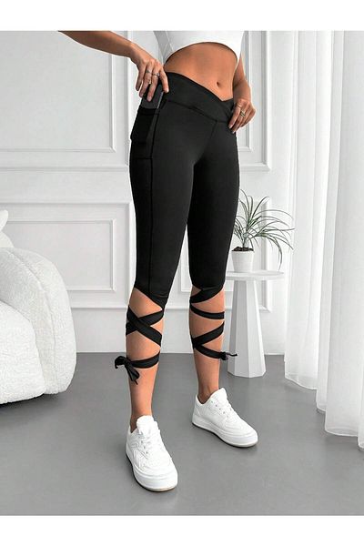 AQE FASHION Jambiere negre cu talie înaltă, cu centură încrucișată, cu detalii în frânghie