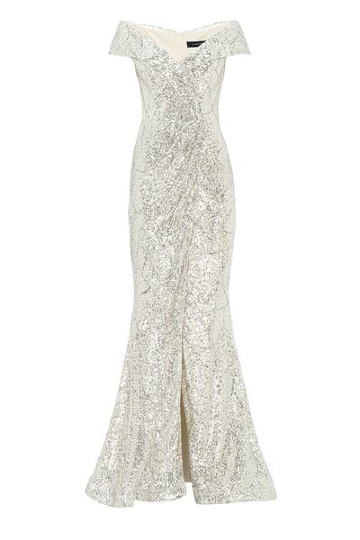 Abiye Sarayı Gold Yırtmaç Detaylı Kayık Yaka Payet Abiye