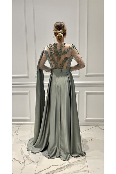 Abiye Sarayı Green Transparent Back Detailed Satin Evening Dress