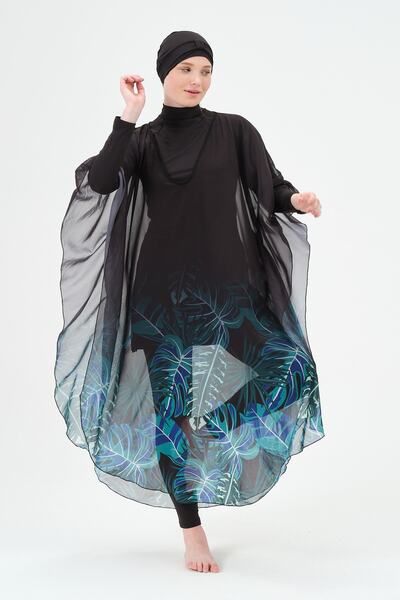 vawensea Women's Hijab Swimsuit Green Leaf Panel Patterned Single Pareo