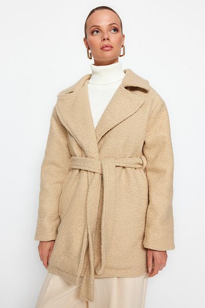 Trendyol Collection Beige Oversize Wide Cut Belted Boucle Coat TWOAW24KB00057