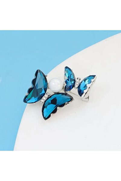 ESJ Taşlı Inci Detay Çift Kelebek Kadın Broş 3,7*3,2 Cm