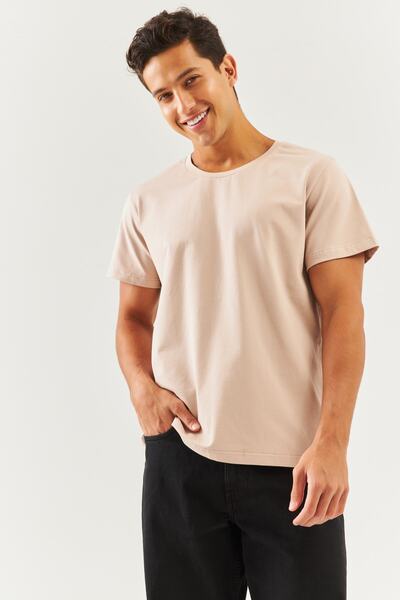 Butikgiz Ανοιχτό καφέ Oversize Άνετο 100% βαμβακερό χτενισμένο λαιμόκοψη με κοντό μανίκι Basic T-Shirt Classic Collection