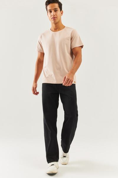 Butikgiz Ανοιχτό καφέ Oversize Άνετο 100% βαμβακερό χτενισμένο λαιμόκοψη με κοντό μανίκι Basic T-Shirt Classic Collection