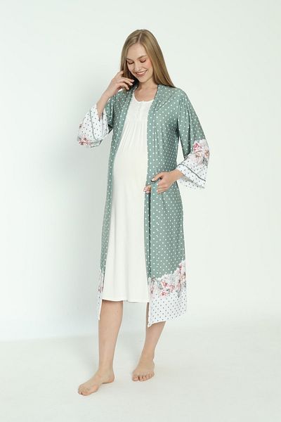 Miss Dünya Lissa Maternity and Pregnant Nightgown Set with Polka Dot Patterned Dressing Gown