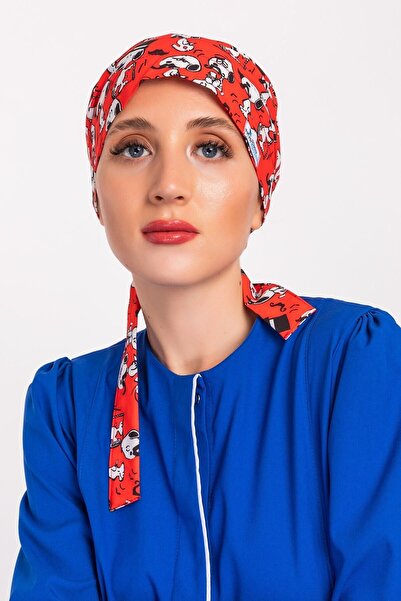 Nur Medikal Giyim Kırmızı Snoppy Desenli Tesettür Hemşire Bonesi Doktor Cerra...