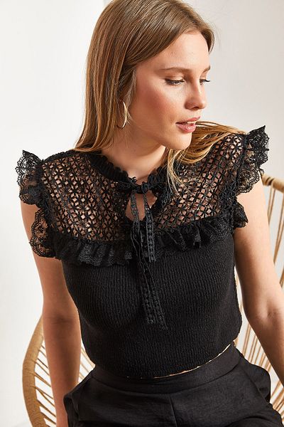 Bianco Lucci Bluză de damă din tricot cu guler legat din dantelă