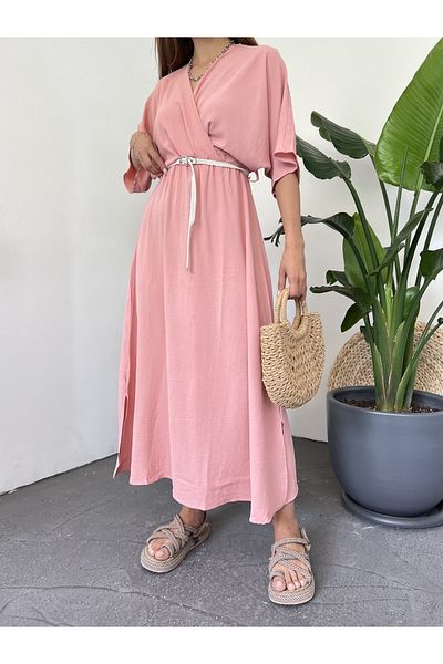 LB Laluna Butik Women's Double Breasted Collar Belted Elastic Waist Comfortable Cut Slit Long Dress Flowy Fabric
