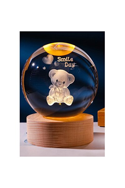 RMPAZAR Dekoratif Ayıcık Tasarımlı Ahşap altlıklı Işıklı Cam Küre Cam:6cm Ahş...