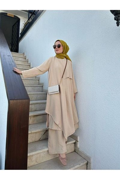NS Moda Set Tunica Asimetrica Hijab si Pantaloni - Crem Model-495