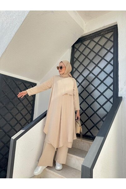 NS Moda Tesettür Asimetrik Tunik Pantolon Takım Krem Model-495