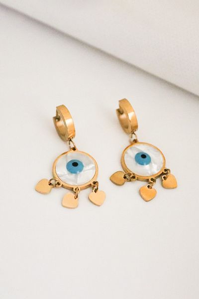 EUROMODA Pearlescent Gold and Silver Plated Steel Pendant Earrings with Heart Figured Evil Eye Design