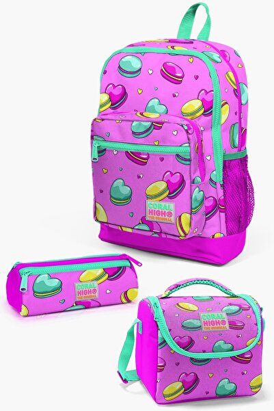 Coral High Kids Açık Pembe Su Yeşili Makaron Desenli 3’lü Okul Çanta Seti SET0123462